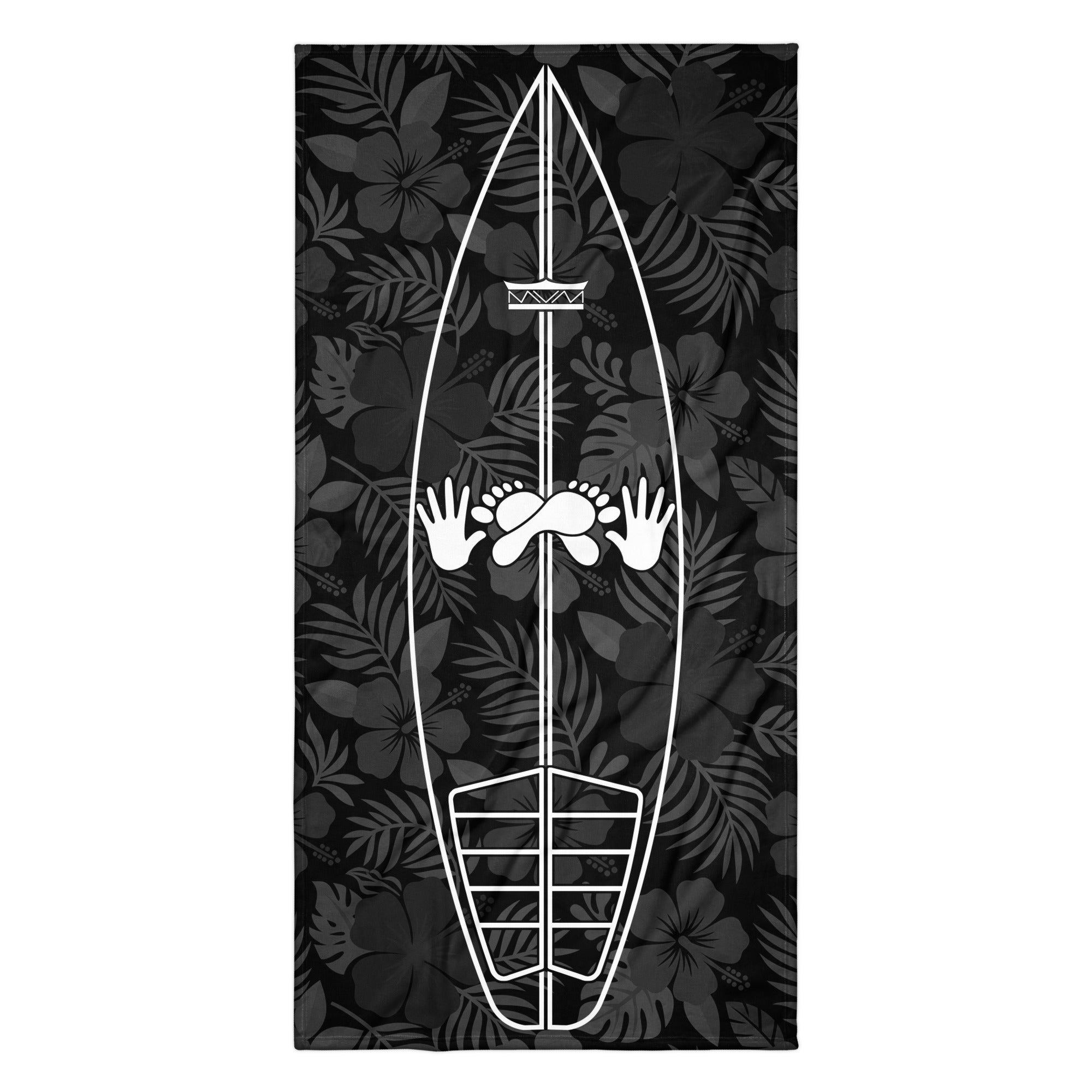 AI generated image of a Black Hibiscus Surf Pop-Up Training Mat – Oversized Quick-Dry Beach Towel with Stance Placement Guide Product mockup
