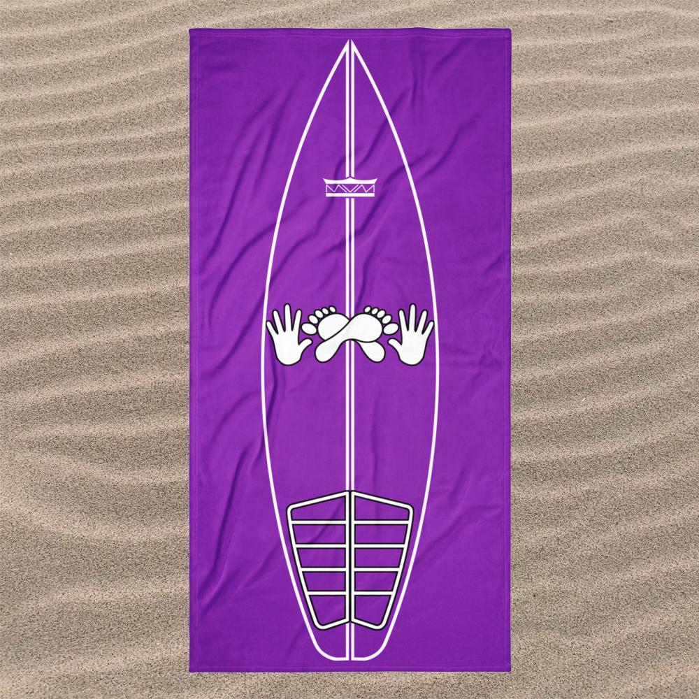 AI generated image of a Amethyst Purple Surf Pop-Up Training Mat – Oversized Quick-Dry Beach Towel with Stance Placement Guide on sand