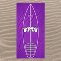 AI generated image of a Amethyst Purple Surf Pop-Up Training Mat – Oversized Quick-Dry Beach Towel with Stance Placement Guide on sand