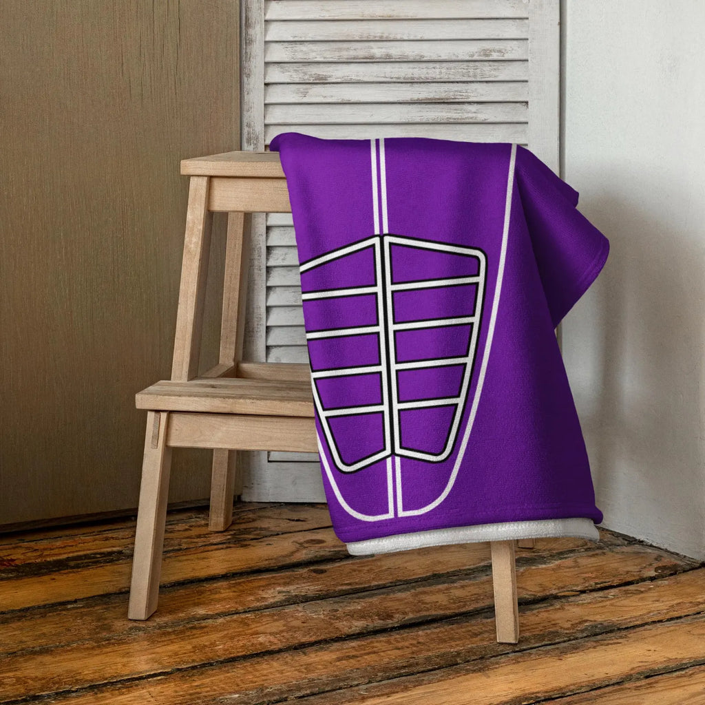 AI generated image of a Amethyst Purple Surf Pop-Up Training Mat – Oversized Quick-Dry Beach Towel with Stance Placement Guide on chair