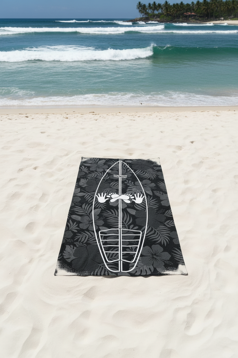 AI generated image of a Black Hibiscus Surf Pop Up Training Mat Oversized Quick Dry Beach Towel with surf Stance Placement Guide on the beach