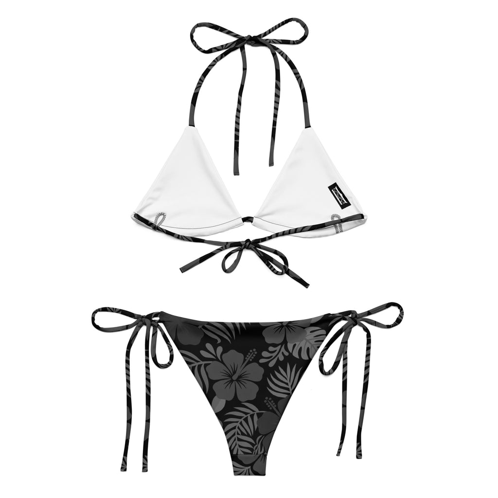AI generated image of a Black Hibiscus pattern recycled string bikini Product shot back