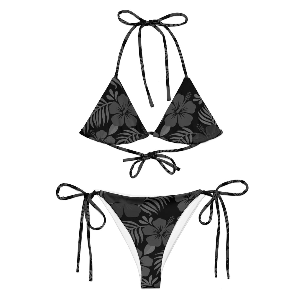 AI generated image of a Black Hibiscus pattern recycled string bikini Product shot front