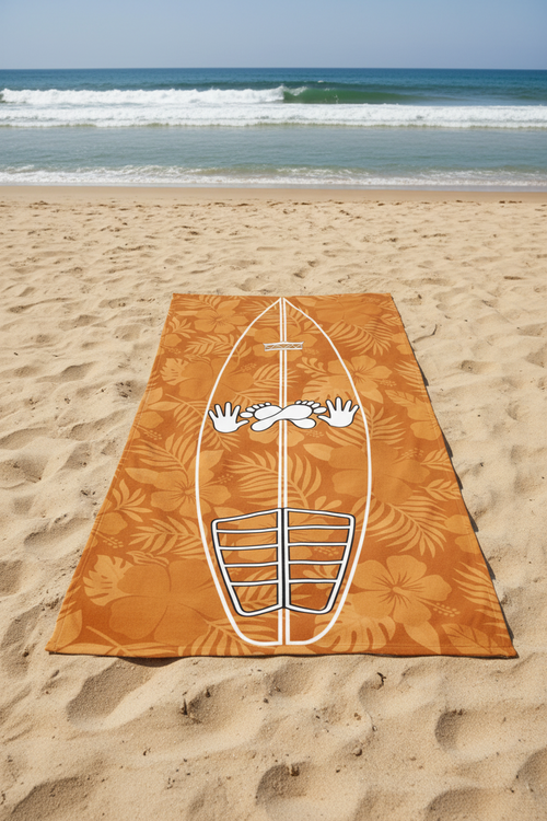 AI generated image of a Clay Hibiscus Surf Pop-Up Training Mat – Oversized Quick-Dry Beach Towel with Stance Placement Guide on a beach