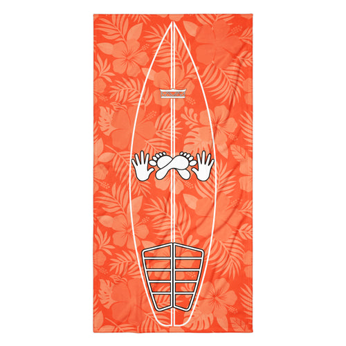 AI generated image of a Coral Hibiscus Surf Pop-Up Training Mat – Oversized Quick-Dry Beach Towel with Stance Placement Guide product
