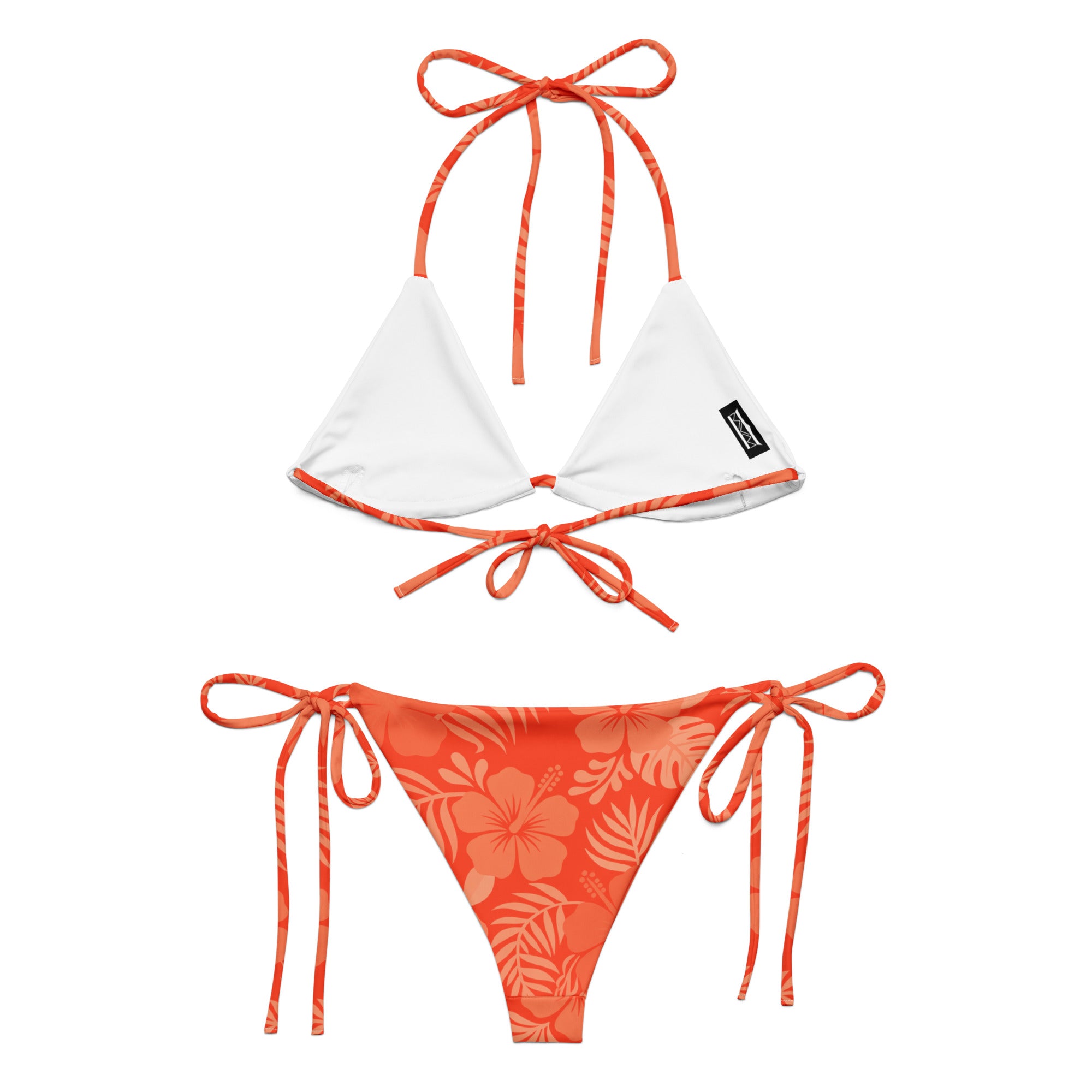 AI generated image of a Coral Hibiscus pattern recycled string bikini Product shot Back on white background