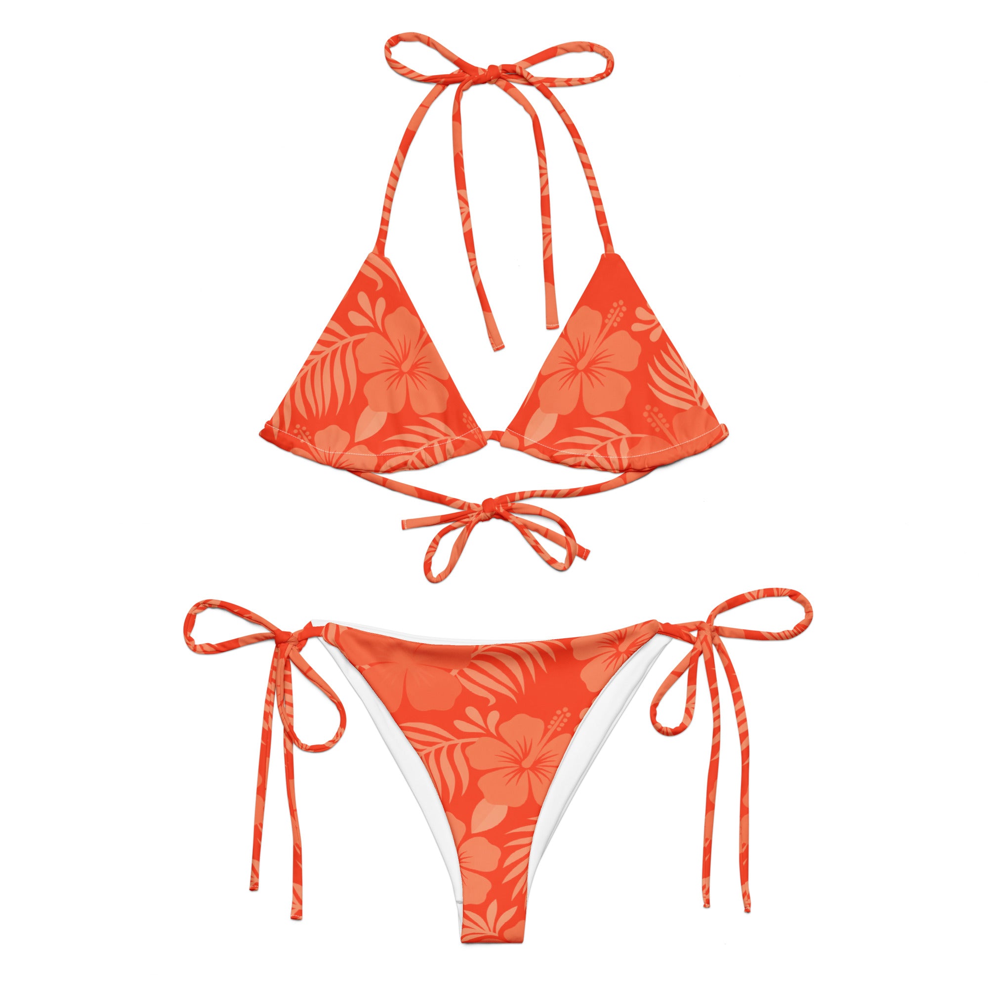 AI generated image of a Coral Hibiscus pattern recycled string bikini Product shot front on white background