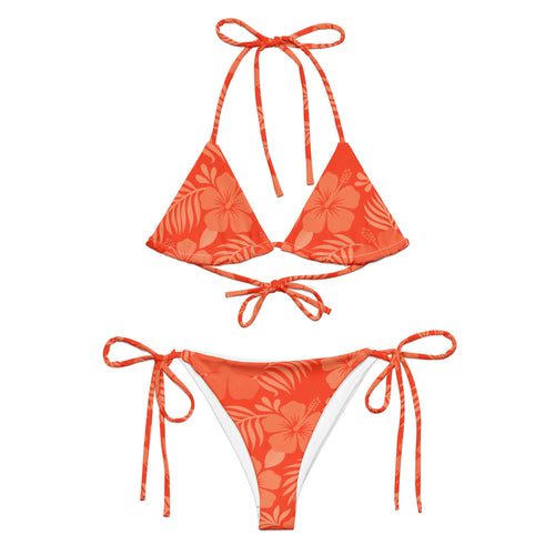 AI generated image of a Coral Hibiscus pattern recycled string bikini Product shot front on white background