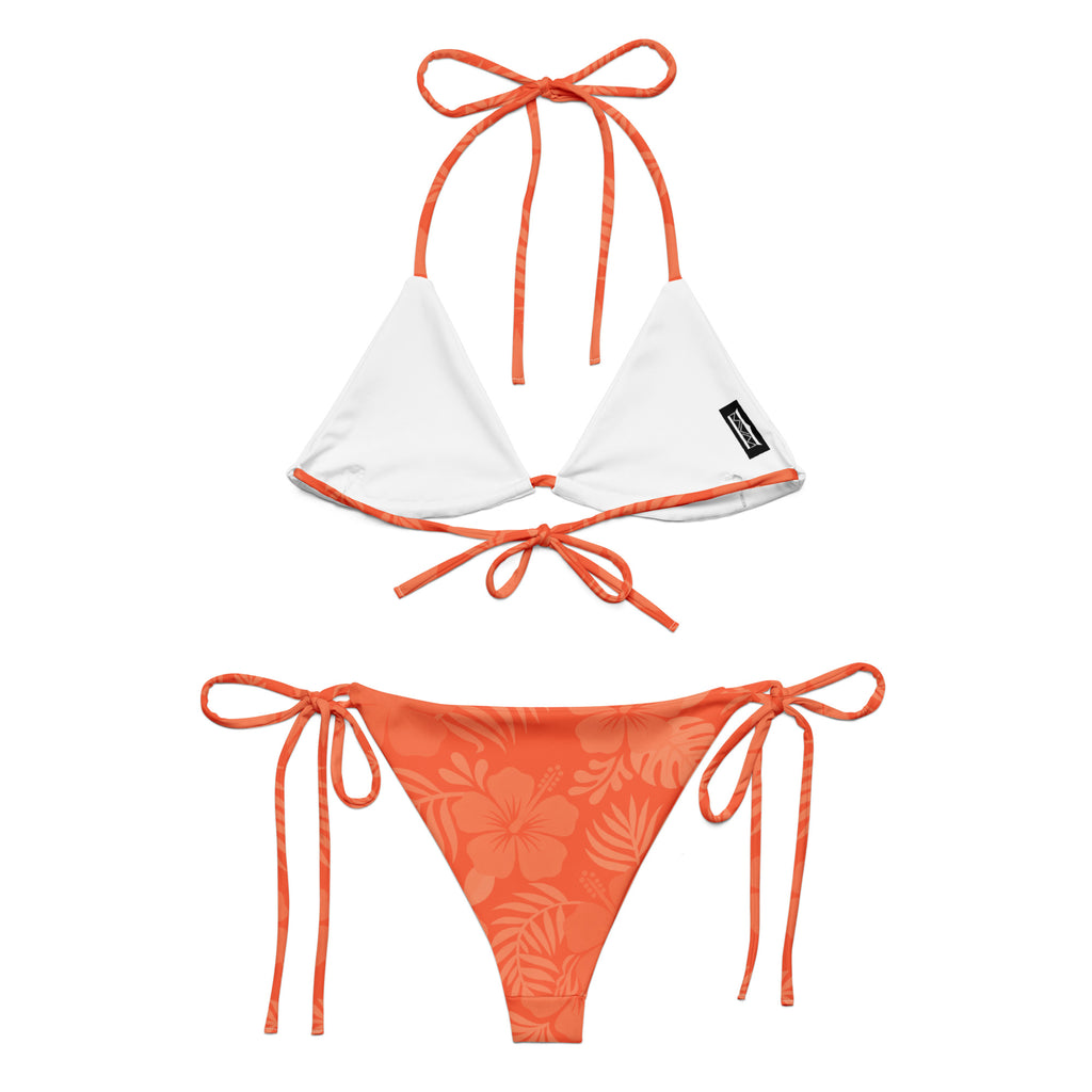 AI generated image of a Coral Hibiscus pattern recycled string bikini product shot back