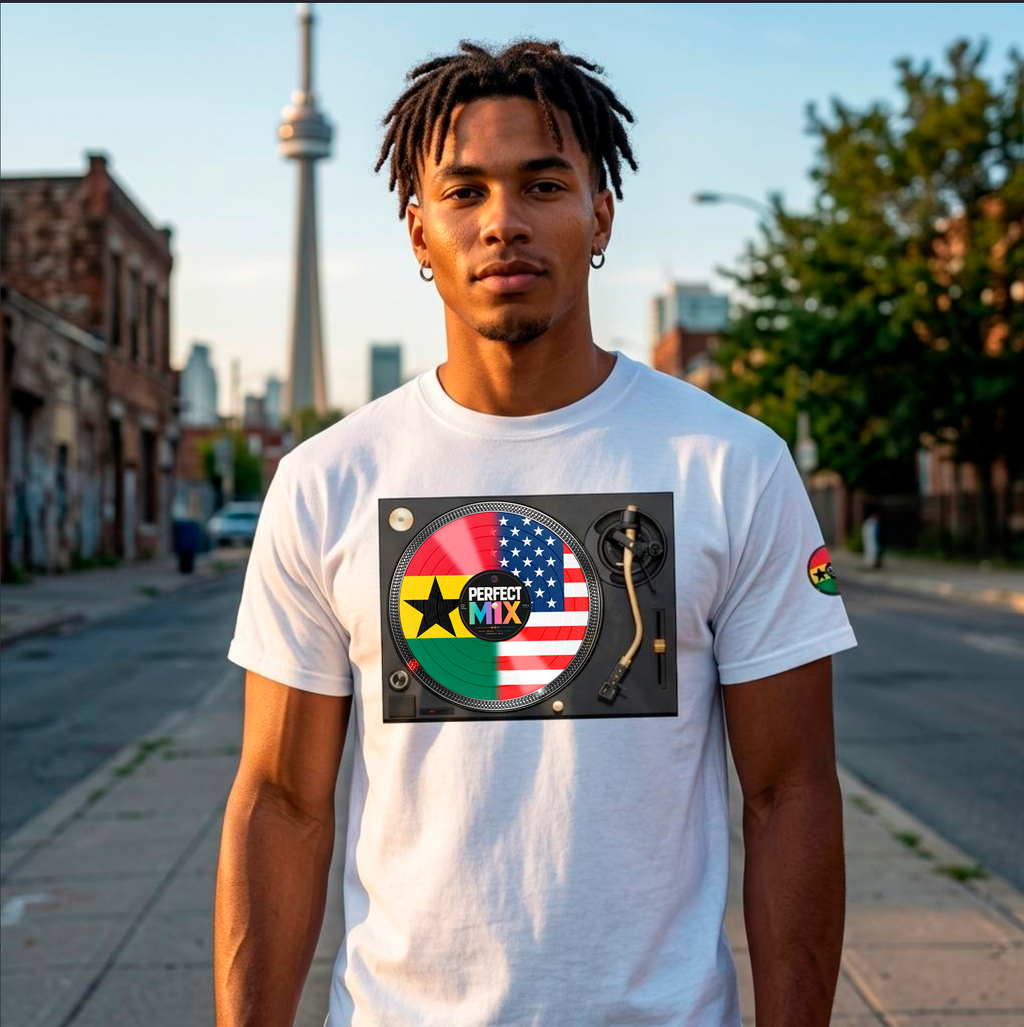 AI generated image of a  man wearing a white graphic t-shirt with a 'PERFECT MIX' turntable design featuring the Ghanaian and American flags, standing on a city street with the CN Tower in the background.
