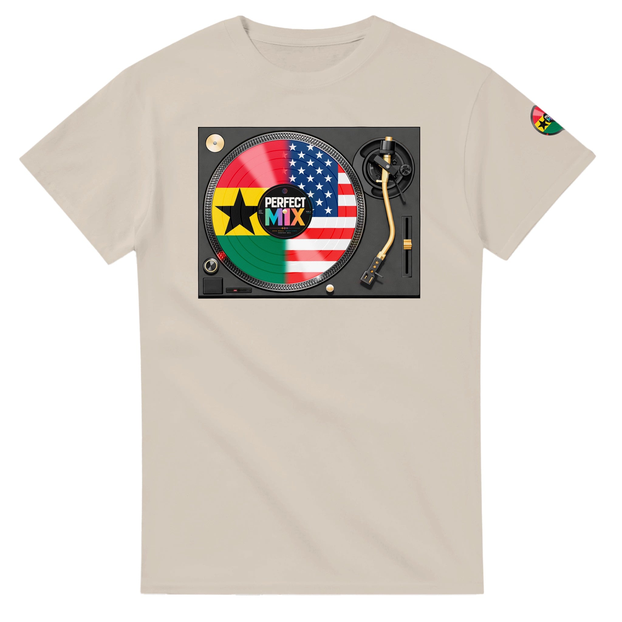 AI generated image of a Ghanaian American Perfect Mix T-shirt SAND