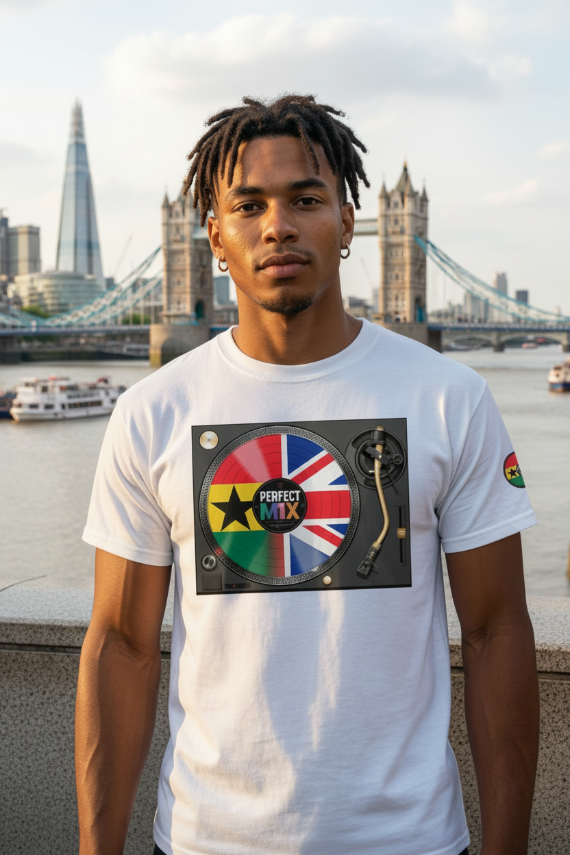 AI generated image of a man wearing a white t-shirt with a graphic of a turntable playing a vinyl record covered in the flags of Ghana and UK, standing on London Bridge, with tower bridge and the shard in the background.