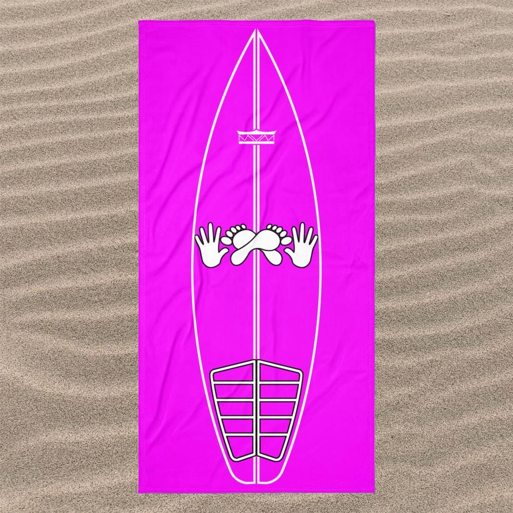 AI generated image of a Hot Pink Surf Pop-Up Training Mat – Oversized Quick-Dry Beach Towel with Stance Placement Guide on sand