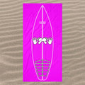 AI generated image of a Hot Pink Surf Pop-Up Training Mat – Oversized Quick-Dry Beach Towel with Stance Placement Guide on sand