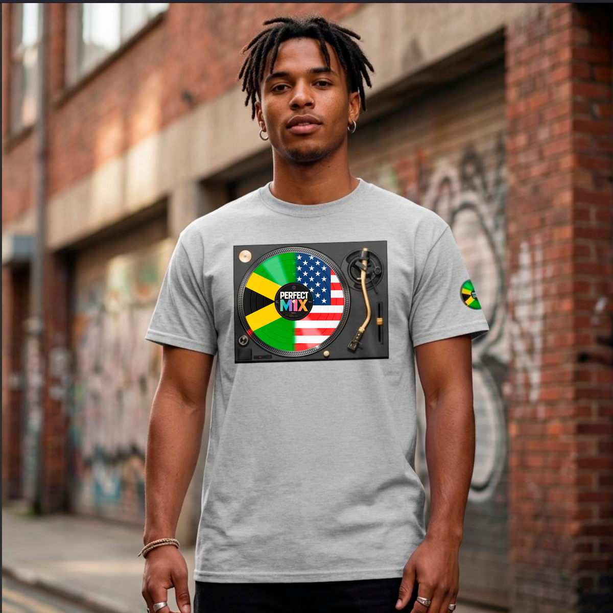AI generated image of a mixed heritage man wearing a light gray t-shirt with a graphic print of a turntable featuring the Jamaican and USA flags and the text 'PERFECT MIX'. The background is an outdoor brick alleyway with graffiti.