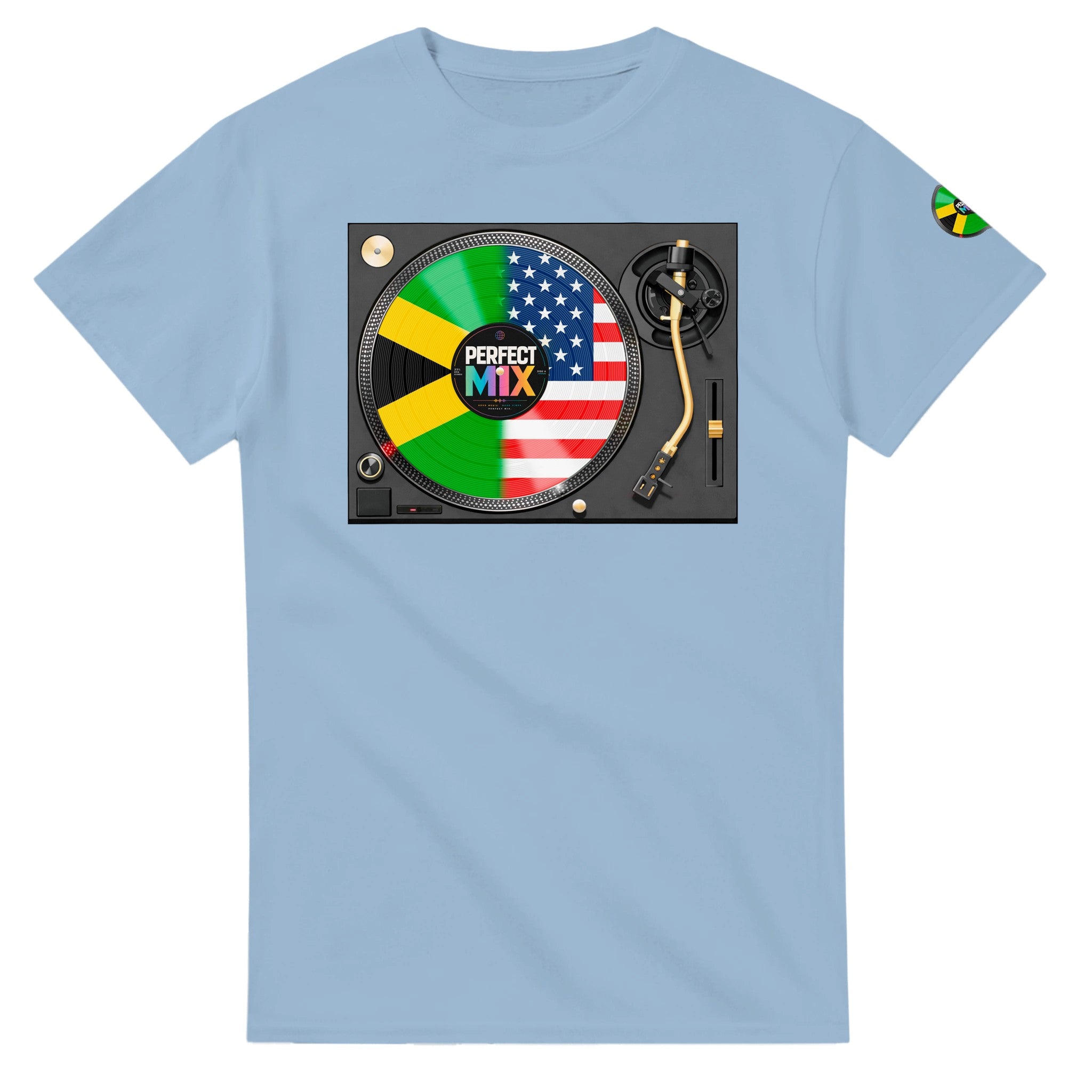 AI generated image of a Jamaican American Perfect Mix T-shirt Light Blue