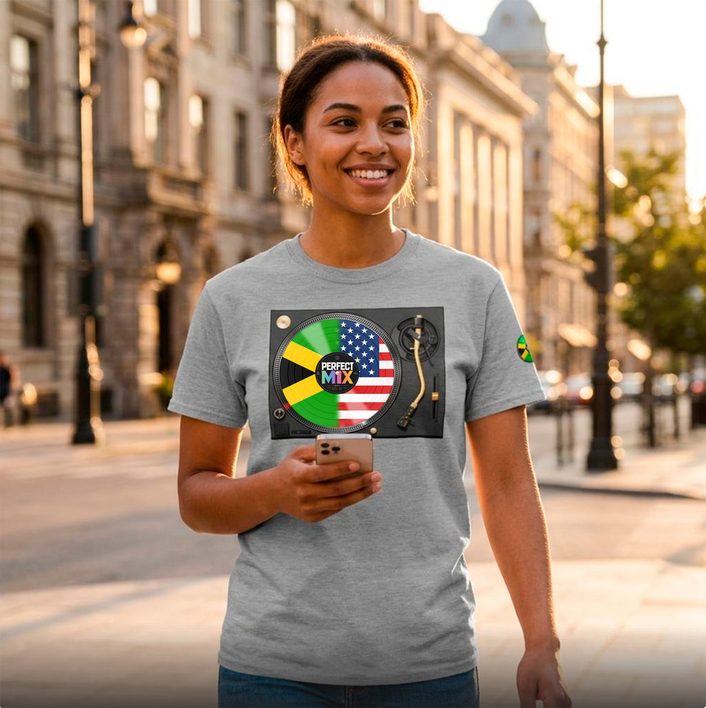 AI generated image of a  mixed race woman stands on a city street wearing a heather gray t-shirt with a graphic of a vinyl record featuring the Jamaican and US flags, with the words 'PERFECT MIX'.