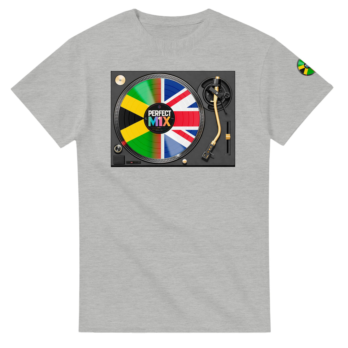 AI generated image of a Jamaican British – Perfect Mix Vinyl Turntable Graphic Tee Ash grey