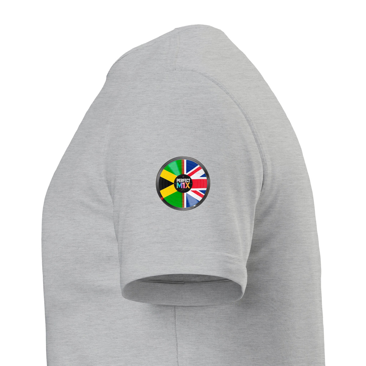 AI generated image of a Jamaican British – Perfect Mix Vinyl Turntable Graphic Tee Ash grey sleeve