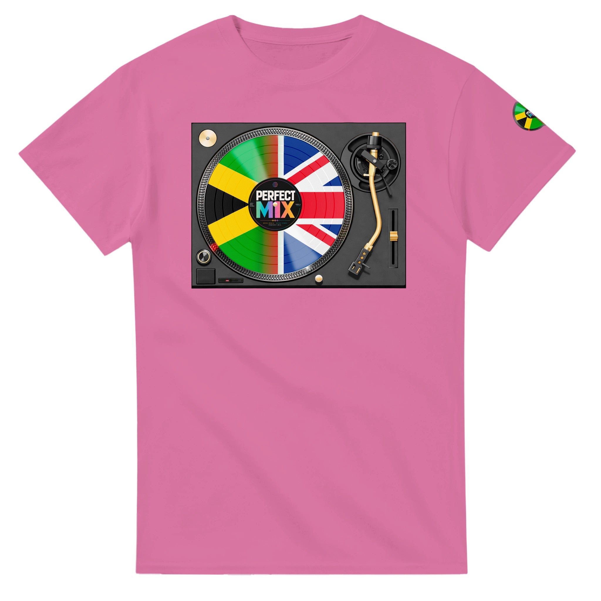 AI generated image of a Jamaican British – Perfect Mix Vinyl Turntable Graphic Tee Azalea Pink