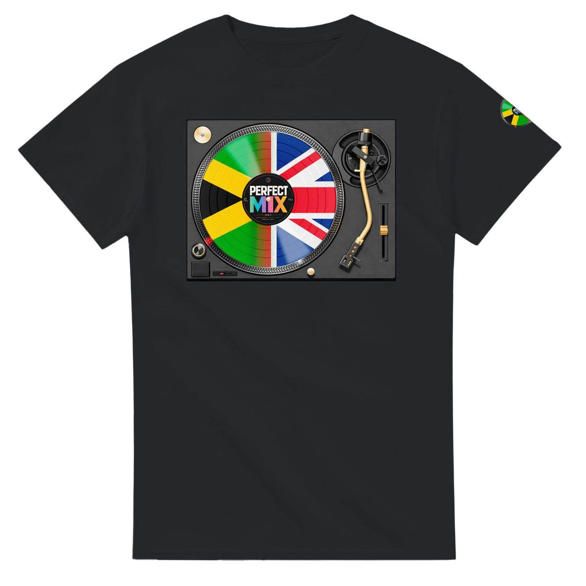 AI generated image of a Jamaican British – Perfect Mix Vinyl Turntable Graphic Tee Black