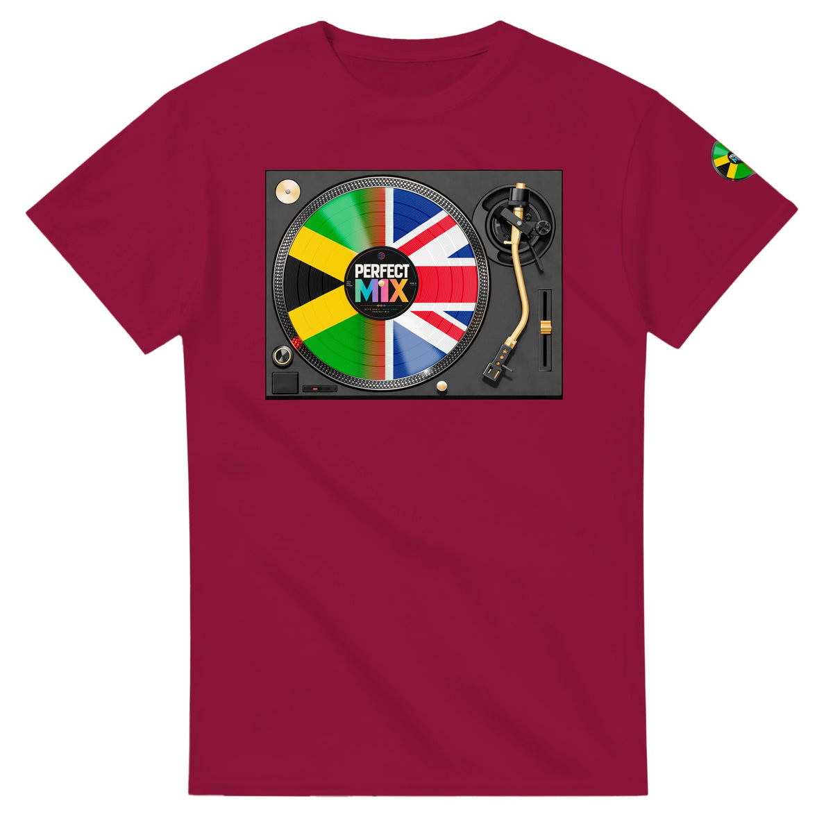 AI generated image of a Jamaican British – Perfect Mix Vinyl Turntable Graphic Tee Cardinal Red