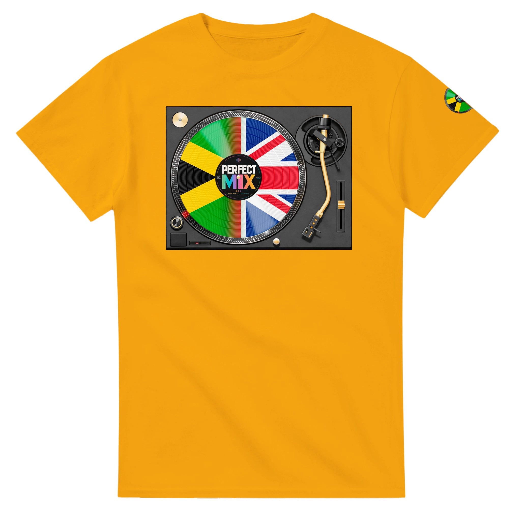 AI generated image of a Jamaican British – Perfect Mix Vinyl Turntable Graphic Tee Gold