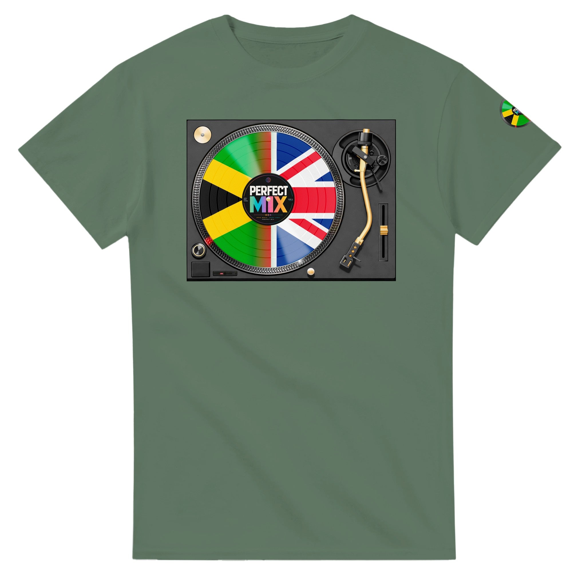 AI generated image of a Jamaican British – Perfect Mix Vinyl Turntable Graphic Tee Green