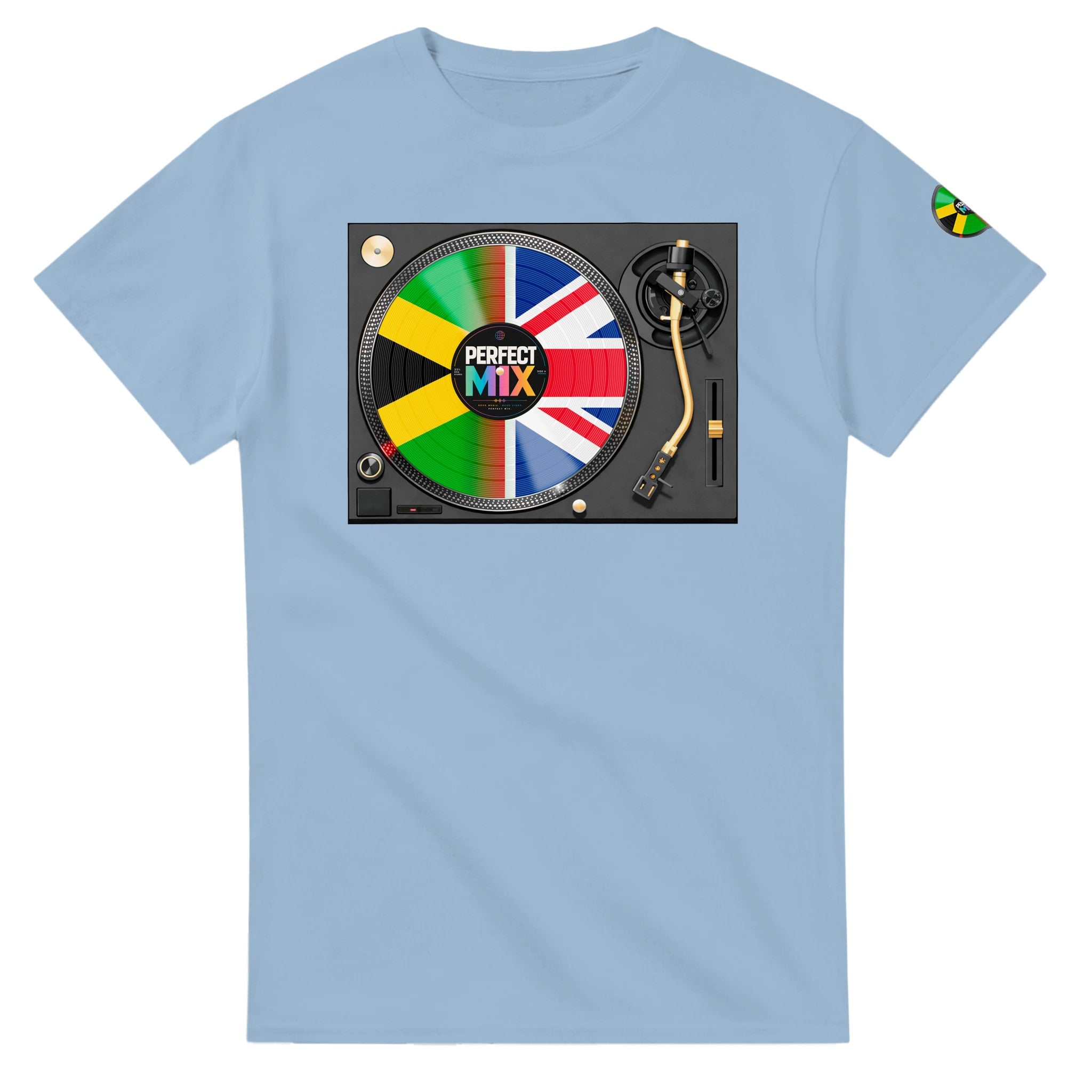 AI generated image of a Jamaican British – Perfect Mix Vinyl Turntable Graphic Tee Light Blue