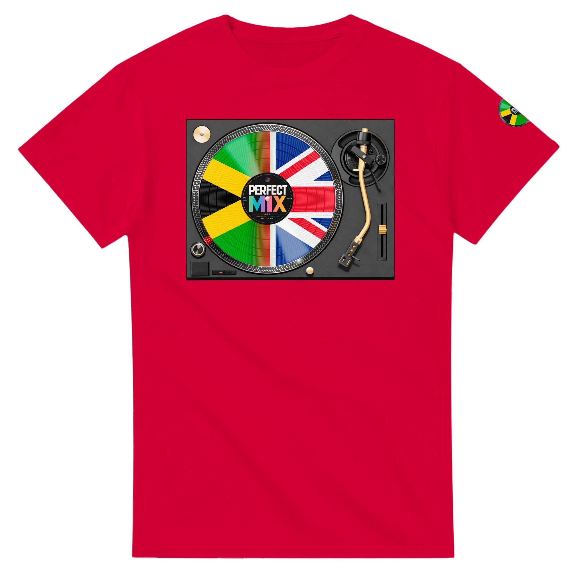AI generated image of a Jamaican British – Perfect Mix Vinyl Turntable Graphic Tee Red