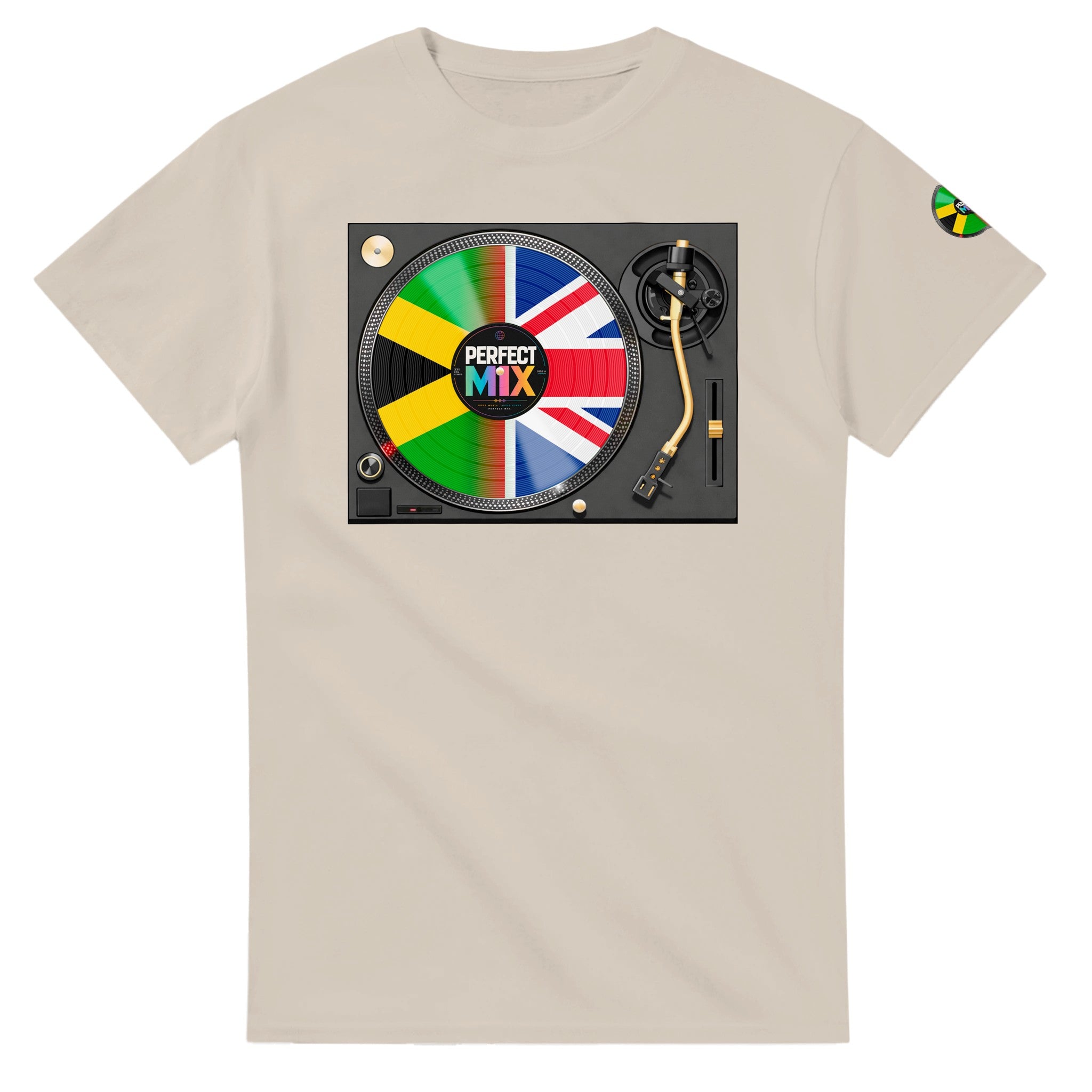 AI generated image of a Jamaican British – Perfect Mix Vinyl Turntable Graphic Tee Sand