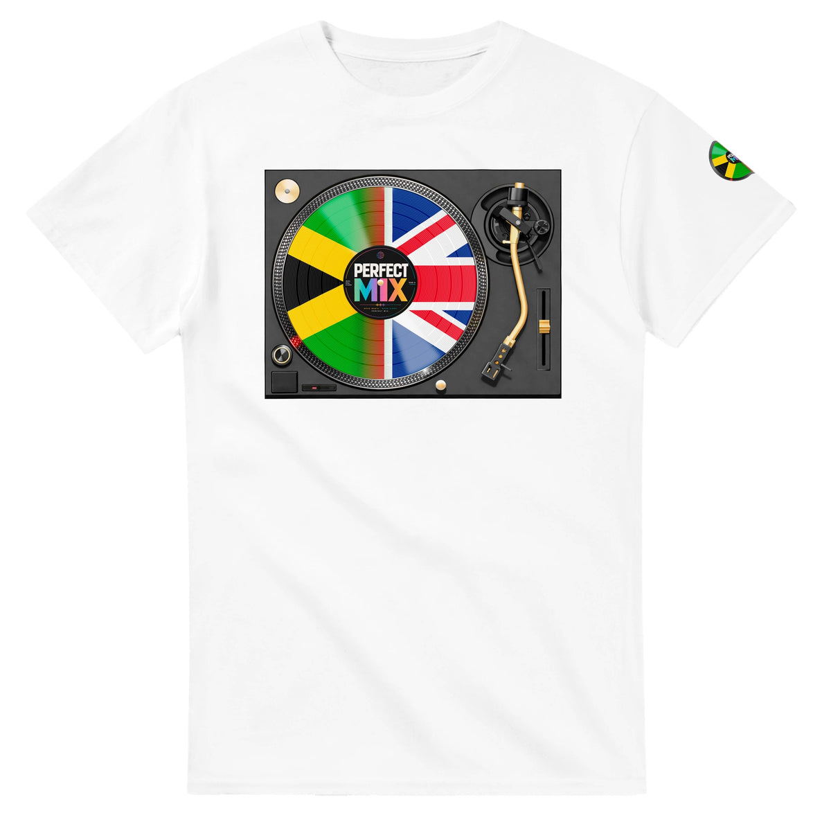 AI generated image of a Jamaican British – Perfect Mix Vinyl Turntable Graphic Tee White