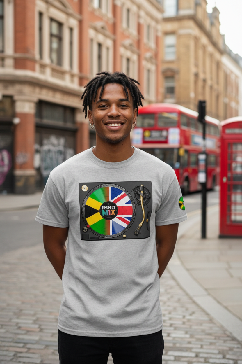 AI generated image of a man wearing a light gray t-shirt with a colourful graphic print featuring DJ  turntable with a vinyl record featuring the Jamaican and UK flags with the words 'PERFECT MIX', standing on a cobblestone street in London with red double-decker buses and a red phone booth in the background.