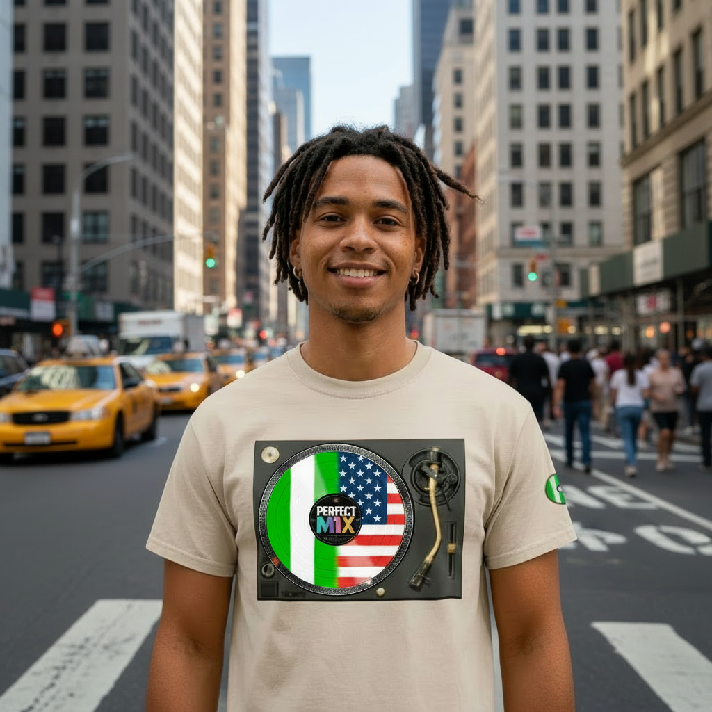 AI generated image of a smiling man with dreadlocks stands on a city street wearing a beige graphic T-shirt. The shirt features a DJ turntable design with the words 'PERFECT MIX' and the  Nigerian and American flags, with the New York City skyline blurred in the background.