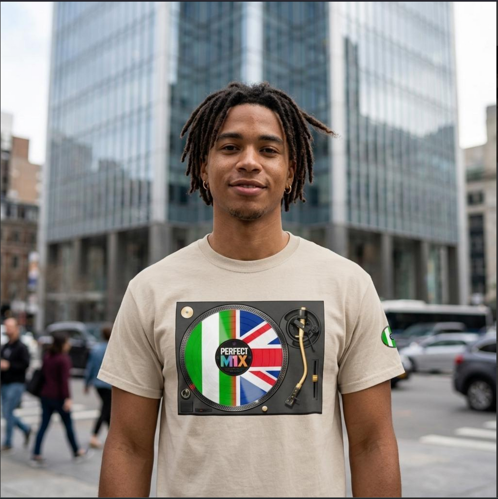 AI generated image of a man wearing a beige t-shirt with a graphic of a turntable playing a vinyl record decorated with the Nigerian and Union Jack flags and the words 'PERFECT MIX'. He is standing in a city street with modern glass skyscrapers in the background.