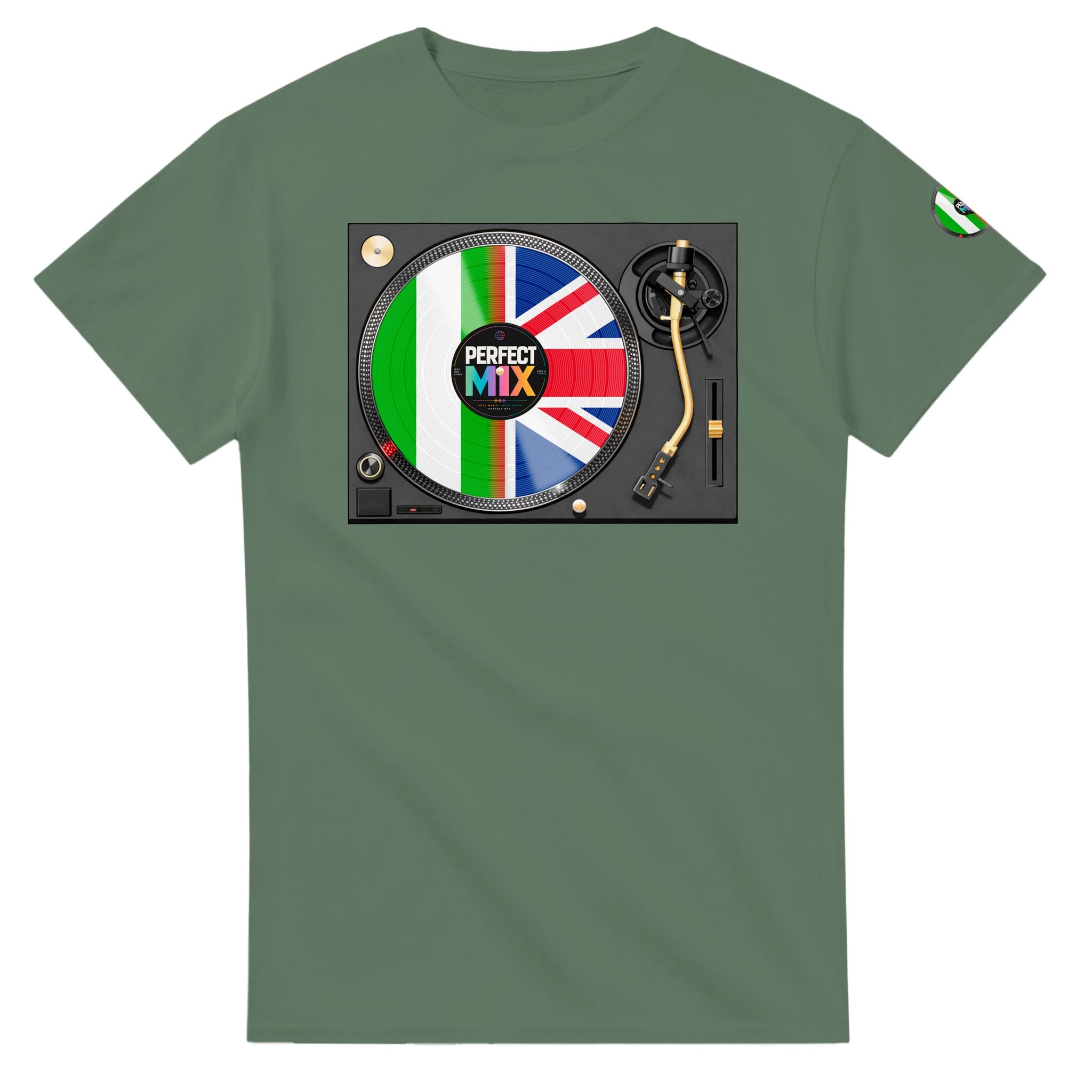 AI generated image of a Nigerian British – Perfect Mix Vinyl Turntable Graphic Tee Green