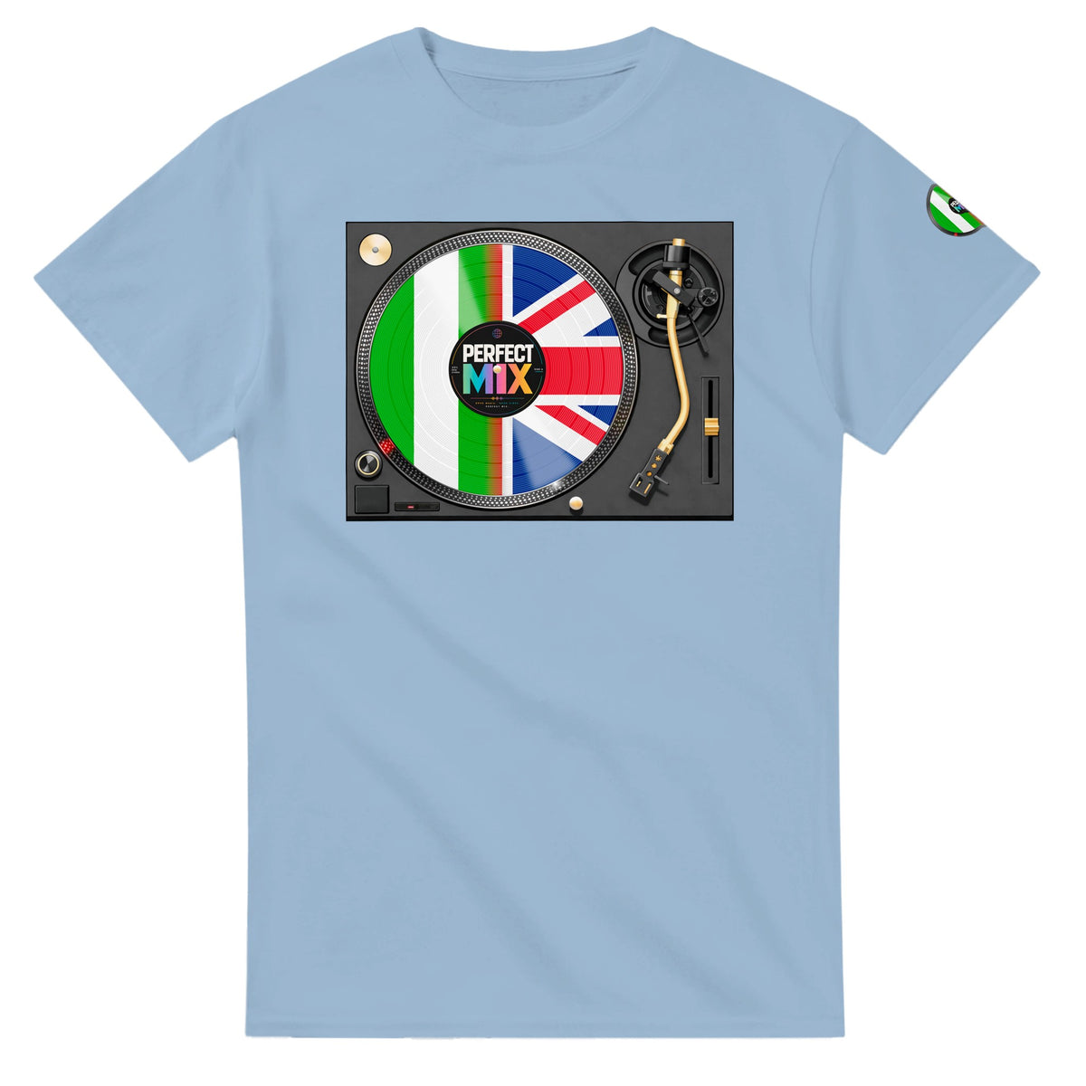 AI generated image of a Nigerian British – Perfect Mix Vinyl Turntable Graphic Tee Light Blue