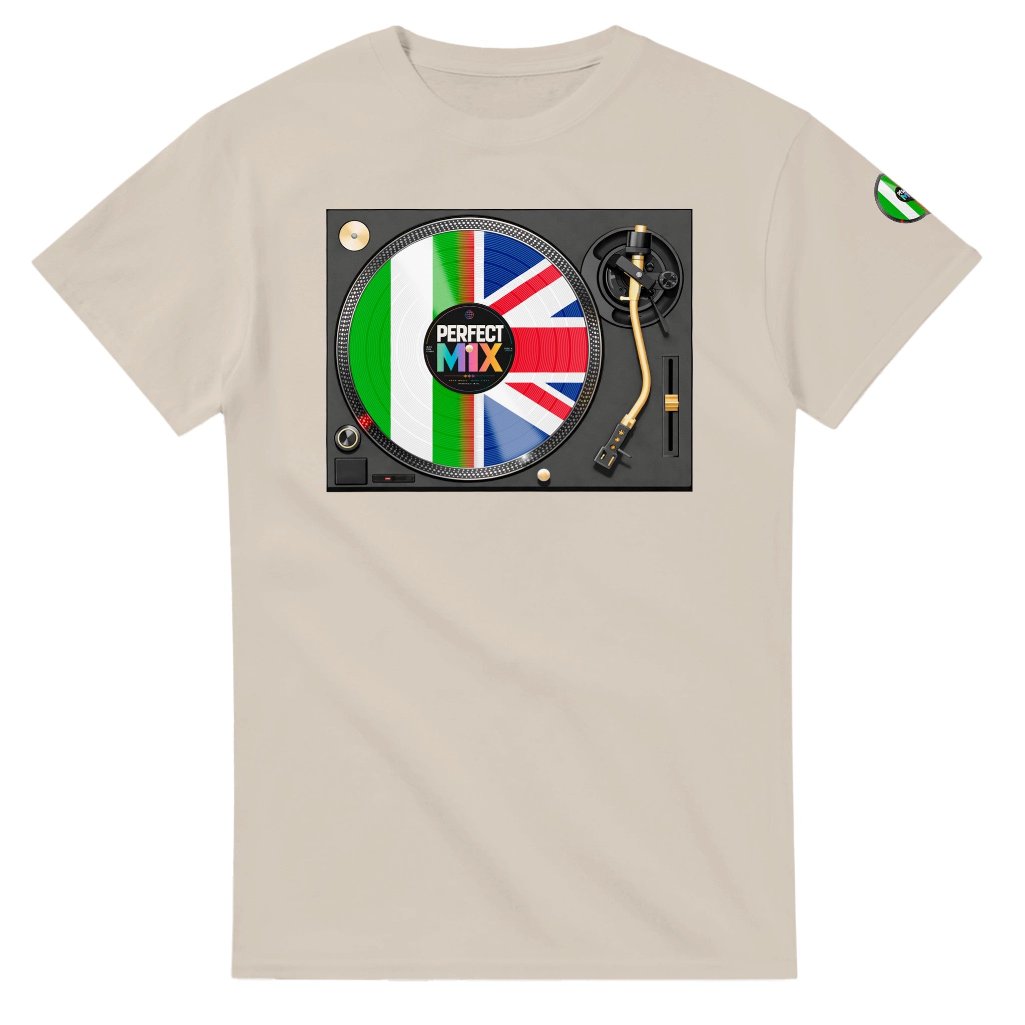 AI generated image of a Nigerian British – Perfect Mix Vinyl Turntable Graphic Tee Sand