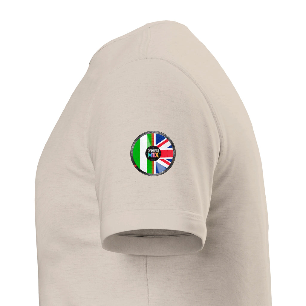 AI generated image of a Nigerian British – Perfect Mix Vinyl Turntable Graphic Tee Sand sleeve