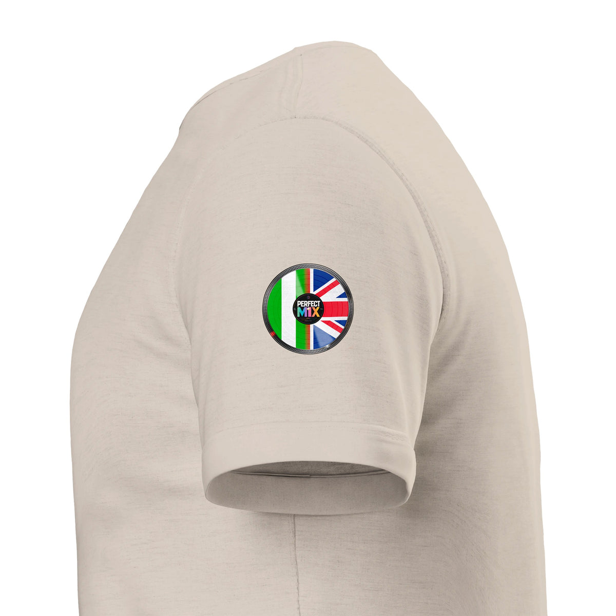 AI generated image of a Nigerian British – Perfect Mix Vinyl Turntable Graphic Tee Sand sleeve
