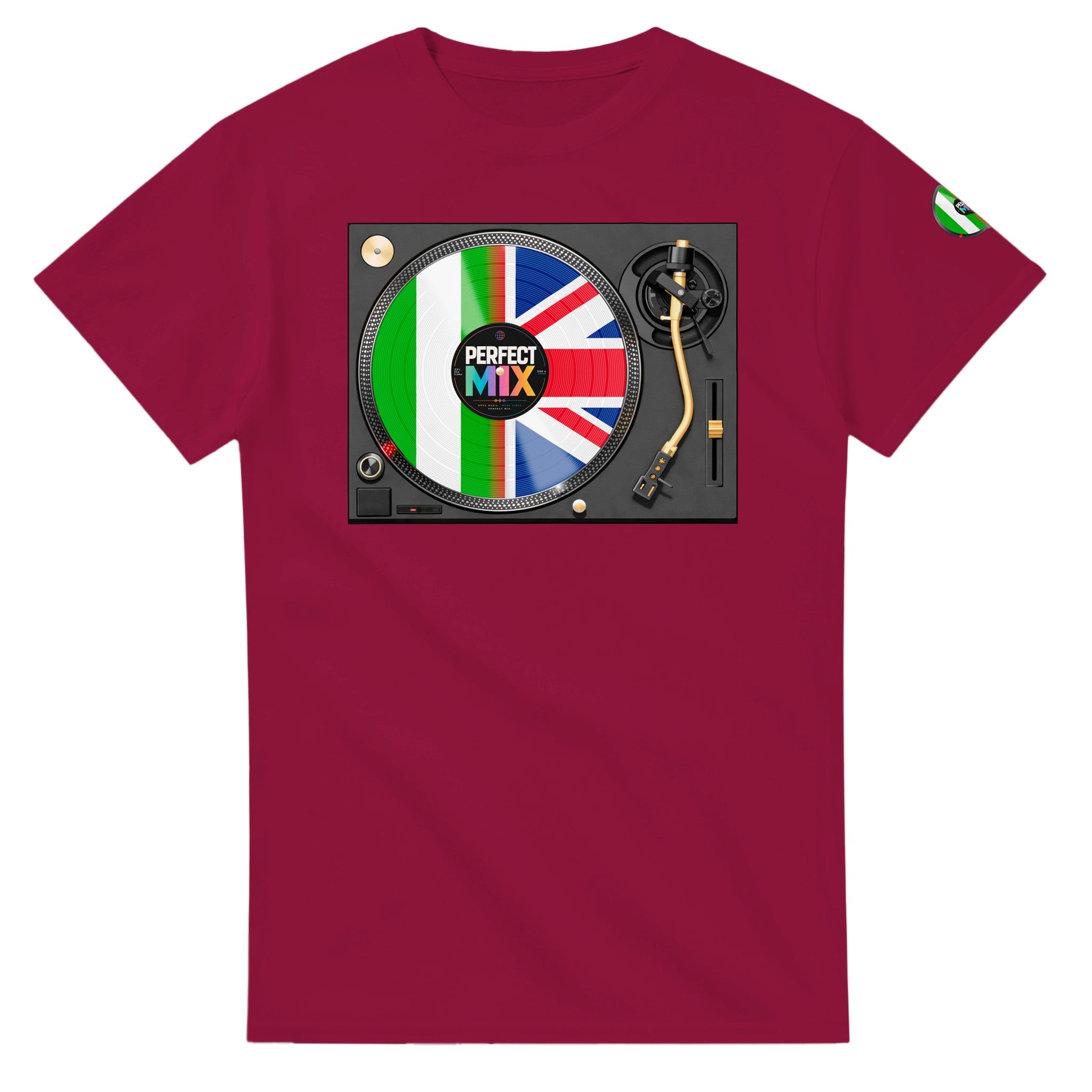 AI generated image of a Nigerian British – Perfect Mix Vinyl Turntable Graphic Tee cardinal red
