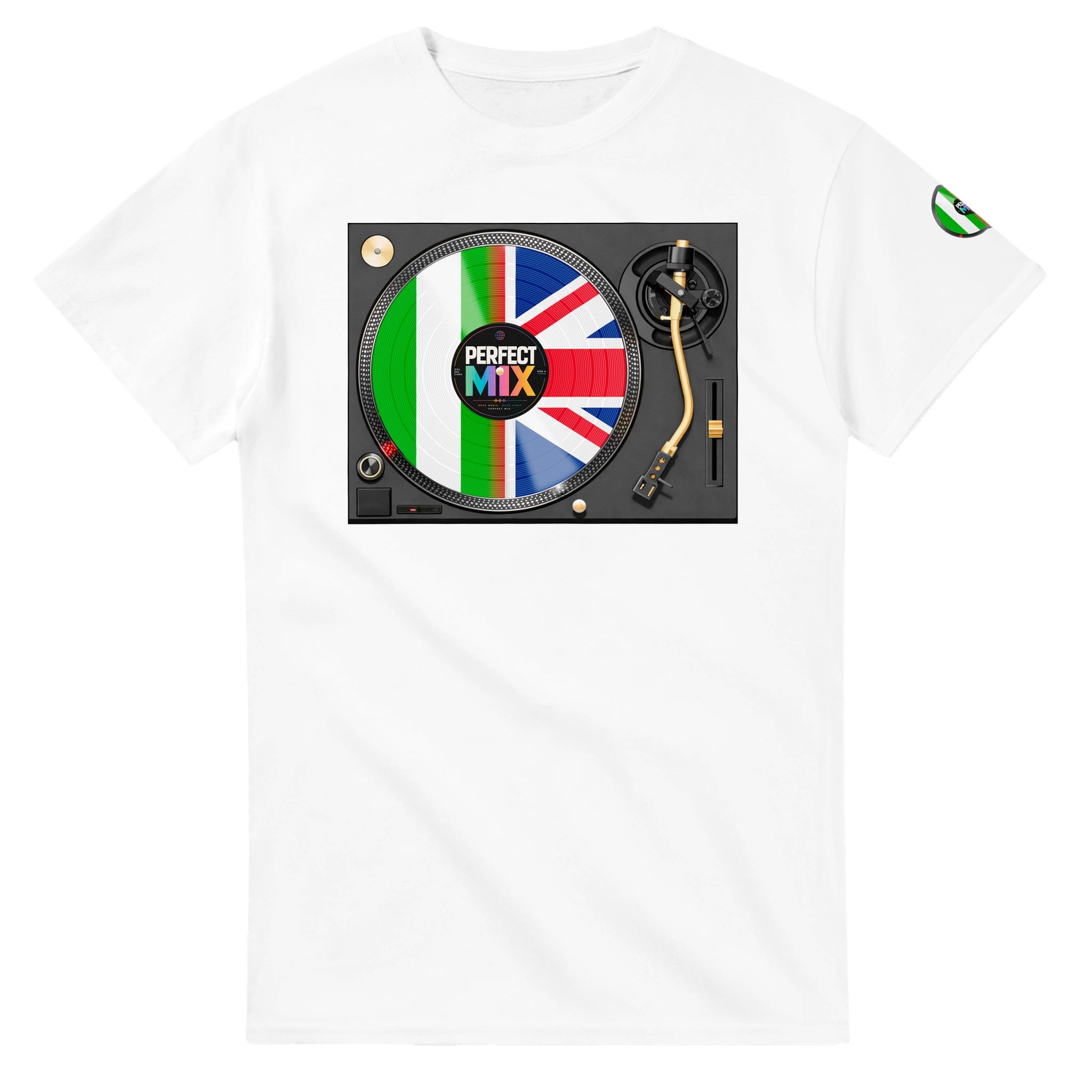 AI generated image of a Nigerian British – Perfect Mix Vinyl Turntable Graphic Tee white