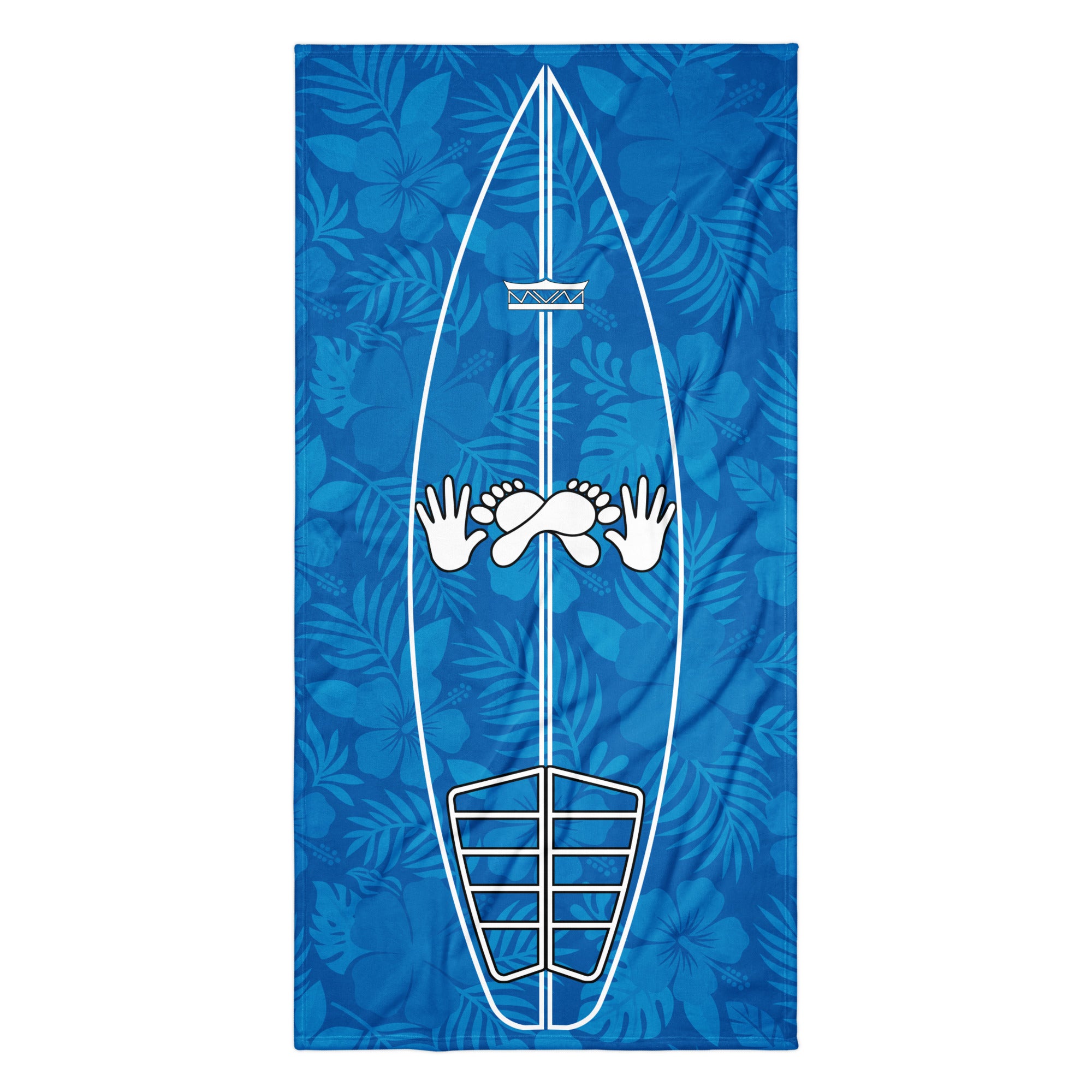 AI generated image of a Ocean Blue Hibiscus Surf Pop-Up Training Mat – Oversized Quick-Dry Beach Towel with Stance Placement Guide product