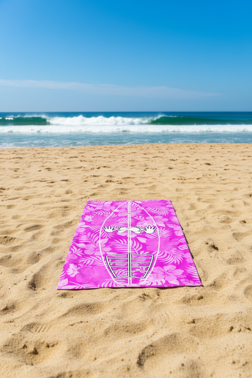 AI generated image of a Pink Hibiscus Surf Pop-Up Training Mat – Oversized Quick-Dry Beach Towel with Stance Placement Guide on a surfing beach