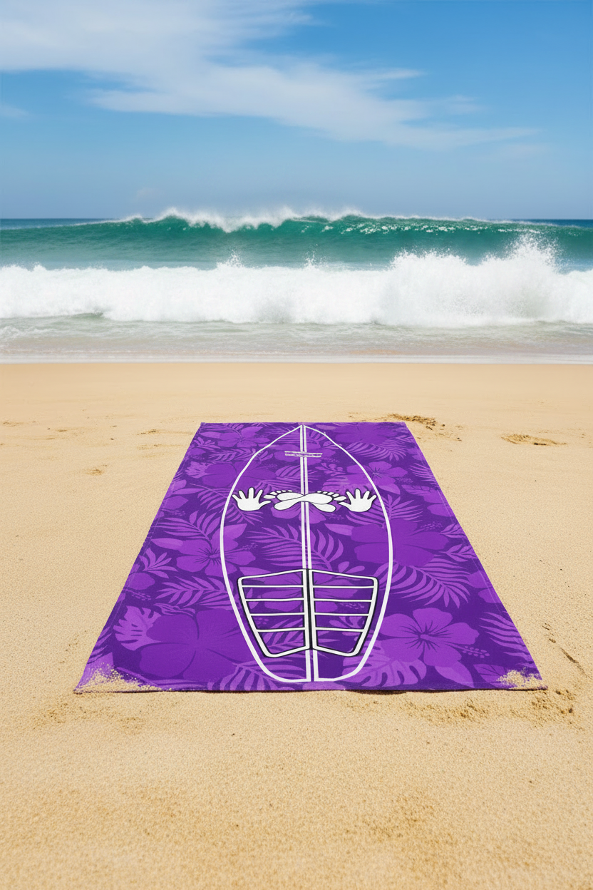 AI generated image of a Purple Hibiscus Surf Pop-Up Training Mat – Oversized Quick-Dry Beach Towel with Stance Placement Guide on a surfing beach