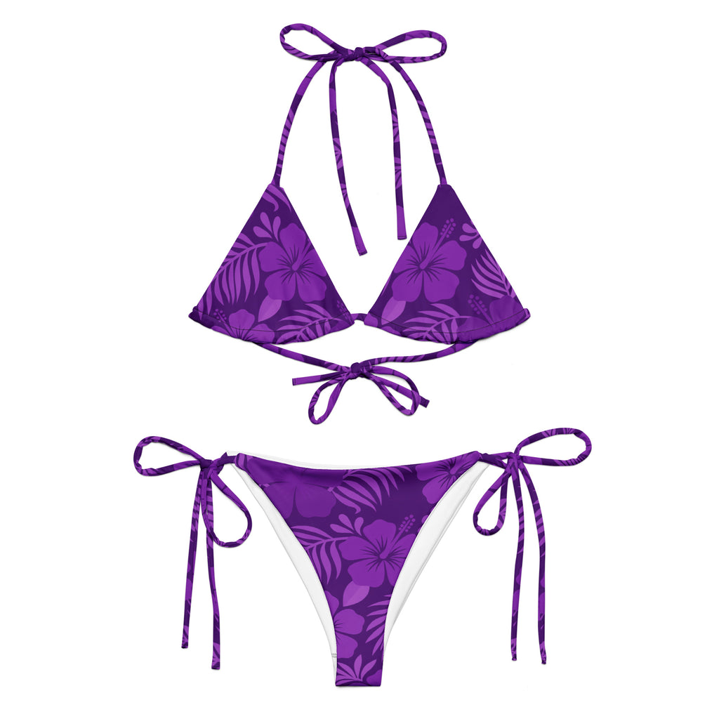 AI generated image of a Purple Hibiscus pattern recycled string bikini Product shot Front