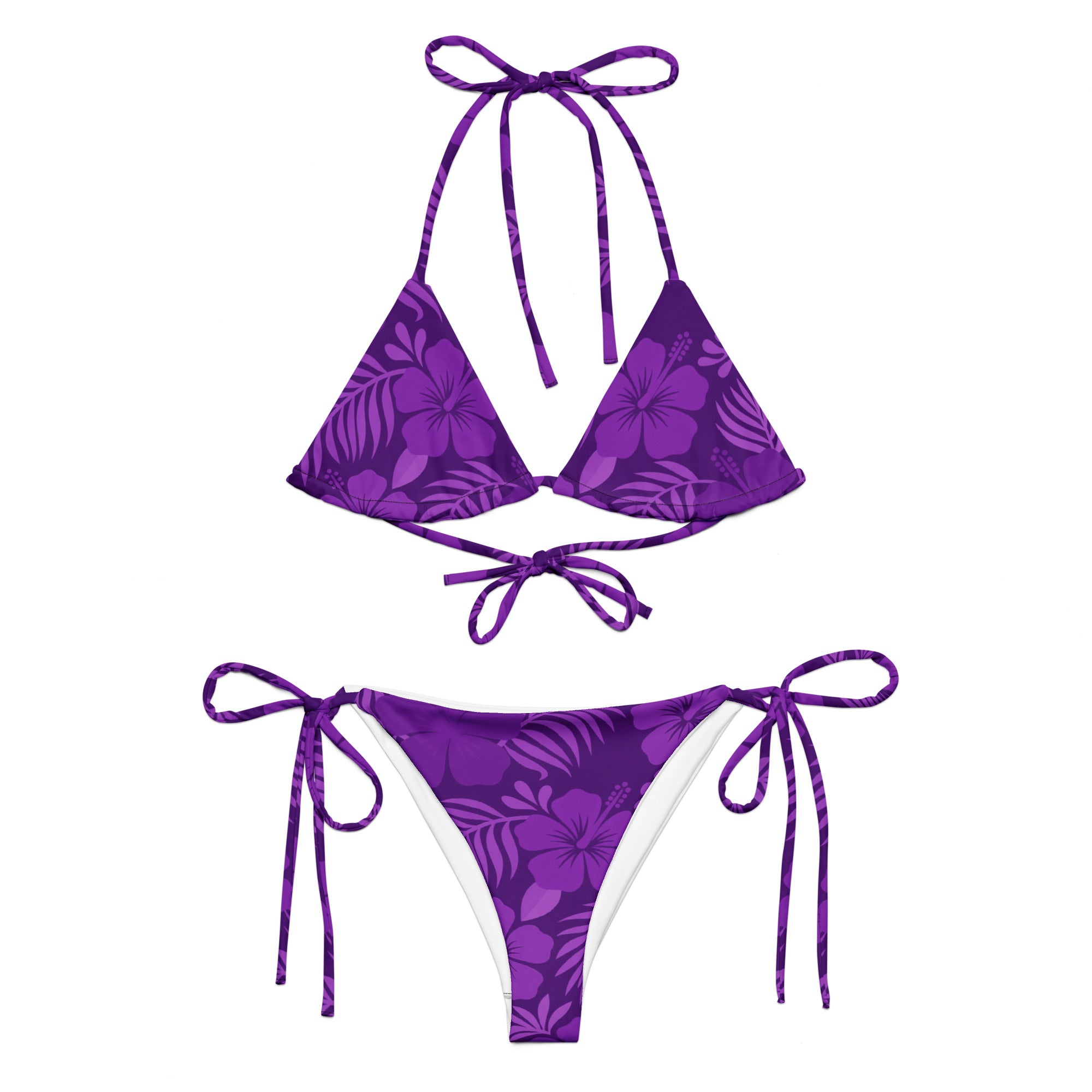 AI generated image of a Purple Hibiscus pattern recycled string bikini Product shot Front