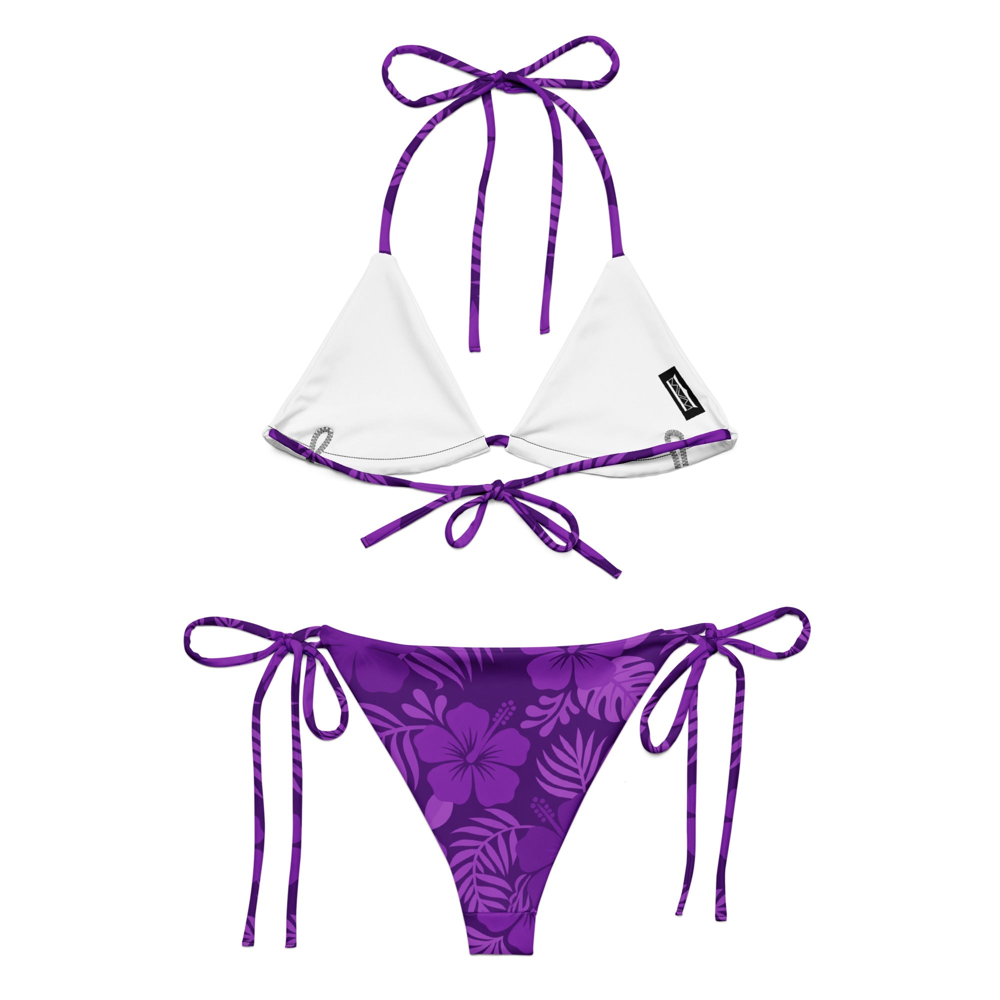 AI generated image of a Purple Hibiscus pattern recycled string bikini Product shot back