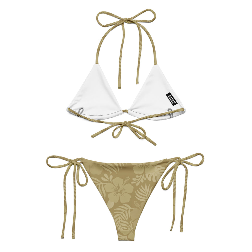 AI generated image of a Sand Hibiscus pattern recycled string bikini Product shot back