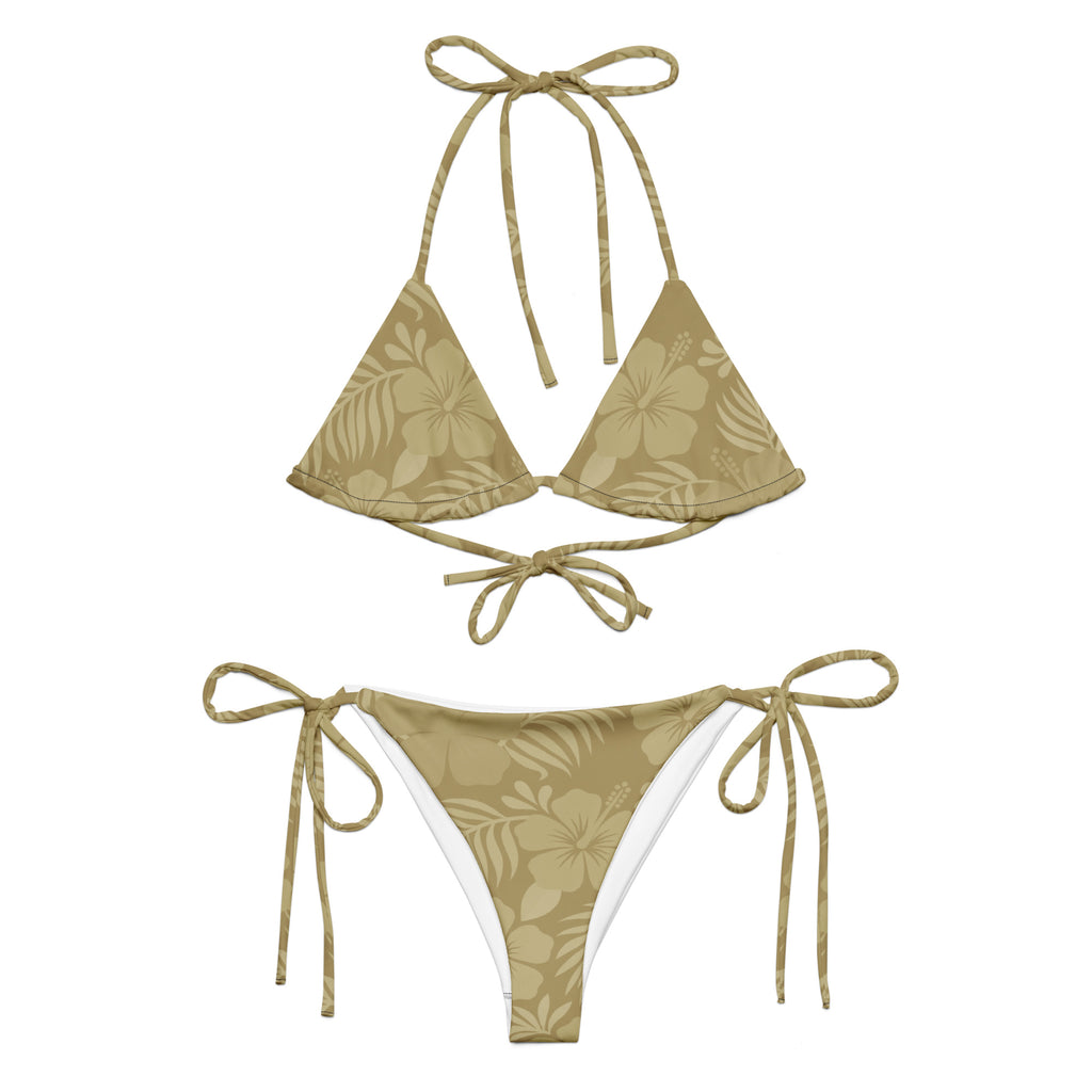 AI generated image of a Sand Hibiscus pattern recycled string bikini Product shot front